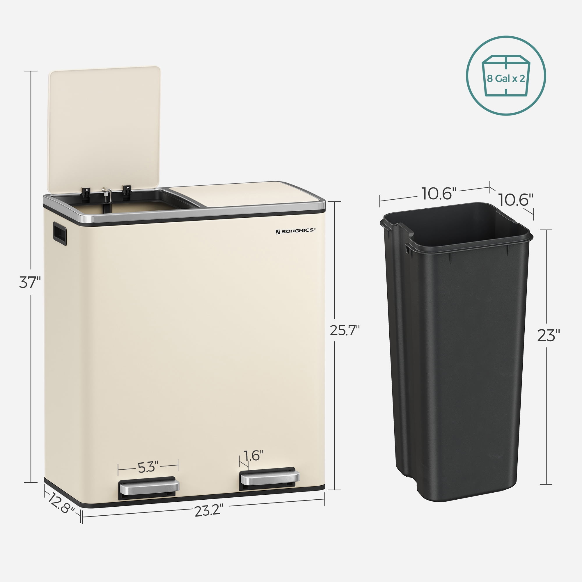 16 Gallon Dual Trash Can, Rubbish Bin and 15 Trash Bags, Metal, Almond Color