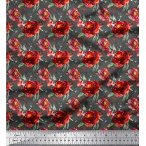 Soimoi Gray Cotton Poplin Fabric Leaves & Peony Floral Print Fabric by the Yard 42 Inch Wide