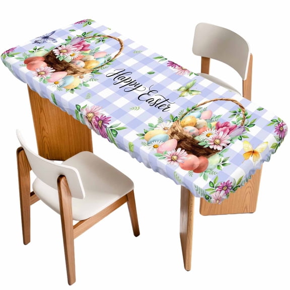 Easter Eggs Table Cloths for 8 Foot Rectangle Tables, Watercolor Flowers Plants Eggs Butterfly Blue Plaid Patio Waterproof Elastic Fitted Tablecloths, Washable Rectangular Table Cover for Camping