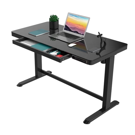 Rise Up Glass Electric Standing Desk | 45" Black Glass Top Adjustable Height Sit Stand Desk with USB-C Charging & Memory Controls