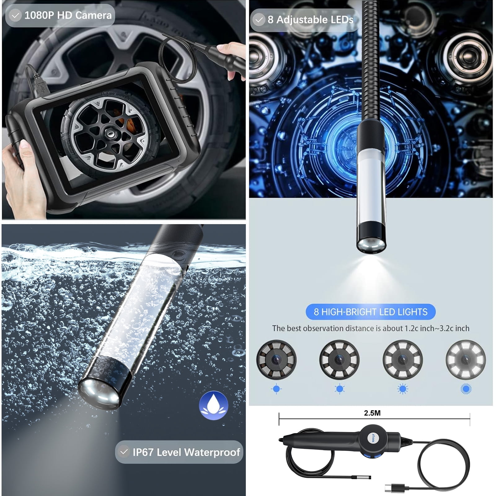 XTOOL Inspection Camera XV200, 2MP&1080P HD& 8 LEDs Automotive/Industrial Endoscope Waterproof Borescope Camera with Light, Work with D7/D8/D9/IP919 PRO Type-C Ver