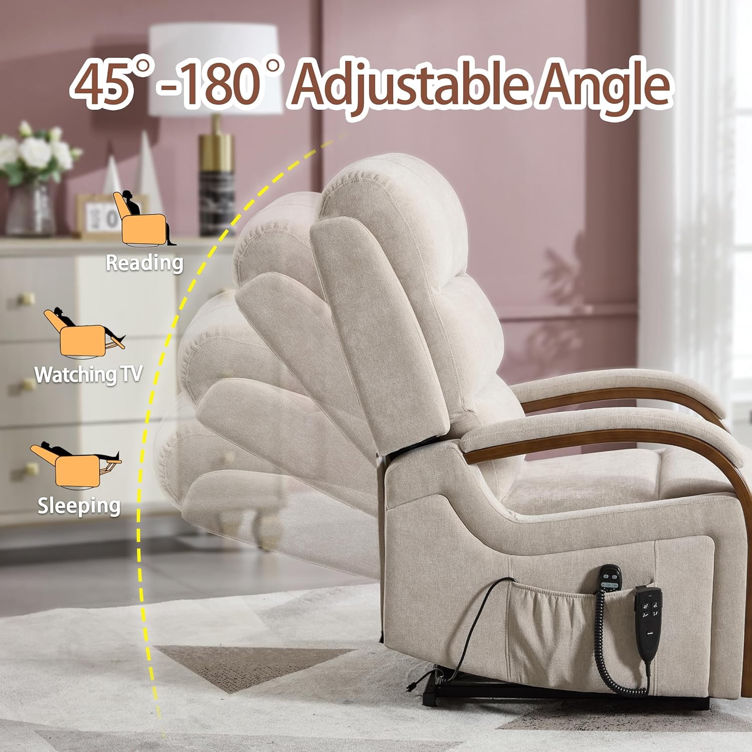 Power Lift Recliner Chair for Elderly People, Dual Motor Lift Chair with Vibration Massage and Heat, Lay Flat Recliner with Solid Wood Armrest, Standing Assistance Reclining, Chenille Fabric Beige