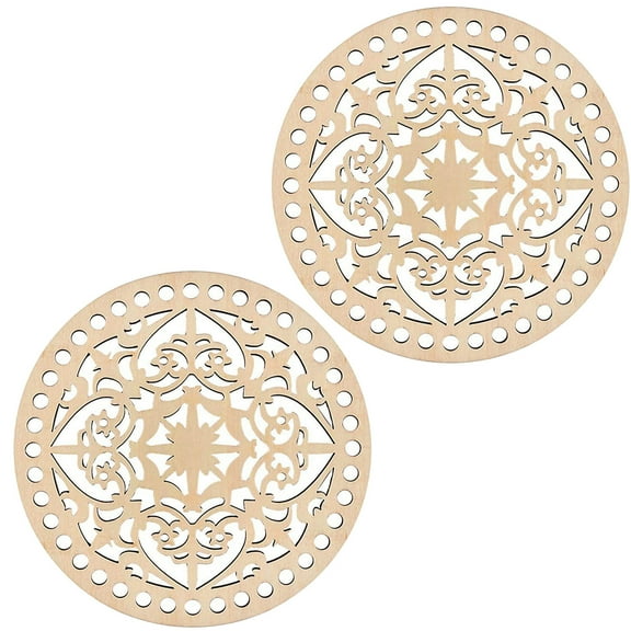 Farfi 2Pcs Crochet Wood Bases Unpainted Floral Pattern Round Hollow Knitting Wooden Basket Bottoms for Embroidery (Style 1)