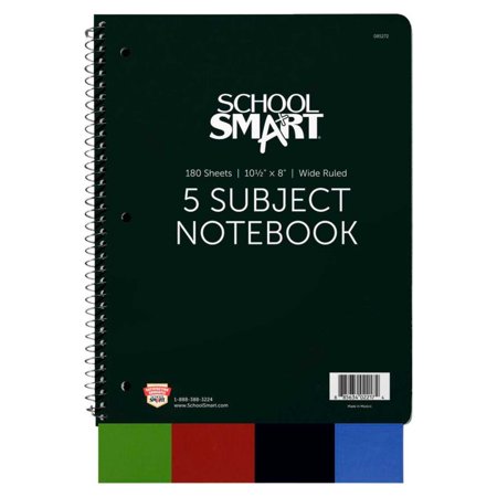 School Smart Spiral Non-Perforated 5 Subject Wide Ruled Notebook, 10-1/2 x 8 Inches