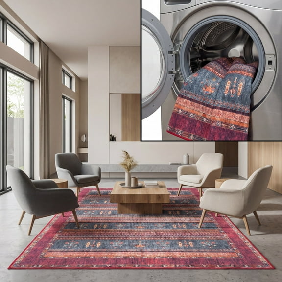 SAFAVIEH Orlando Kaeden Striped Machine Washable Area Rug, Rust/Blue, 8' x 10'