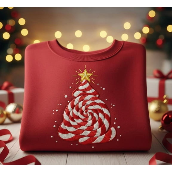 Peppermint Christmas Tree Embroidered Sweatshirt, Candy Cane Holiday Crewneck, Cozy Winter Gift