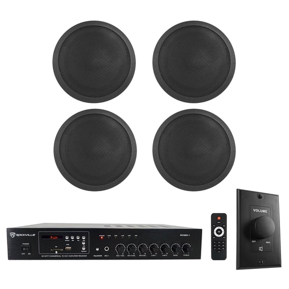 Rockville Commercial Restaurant Amp (4) 6" Black Ceiling Speakers Wall Control