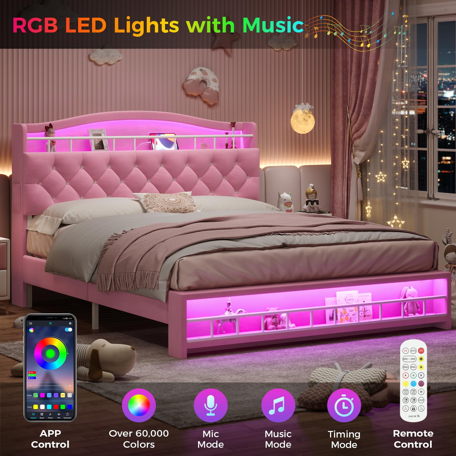 Afuhokles Full Size Bed with LED Lights and Charging Station, Upholstered Bed Frame with Hidden Storage Headborad, Sturdy Platform Bed, Pink