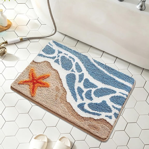 BZPIZ Cute Ocean Bathroom Rugs, Non Slip Super Absorbent Beach Bathroom Rug Quick Dry Bath Mat for Shower Floor, Kitchen Decor
