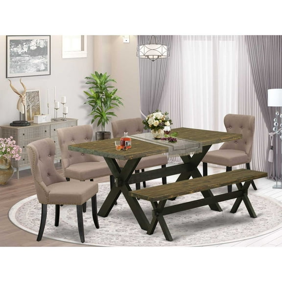 East West Furniture X676SI648-6 6-Piece Dining Table Set- 4 Mid Century Dining Chairs with Coffee Linen Fabric Seat and Button Tufted Chair Back - Rectangular Top & Wooden Cross Legs Dining Table and