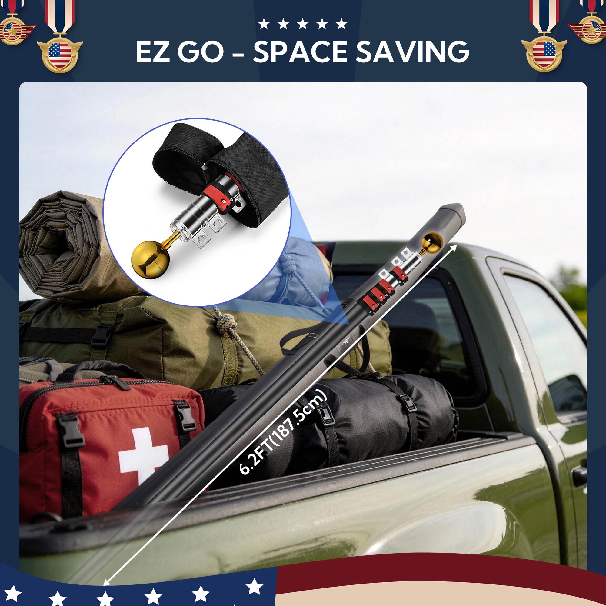 Yescom EZ GO 25ft Telescopic Flag Pole Kit Upgrade Rotating Lock for Outside Inground with 3x5' US Flag Ball Top Black