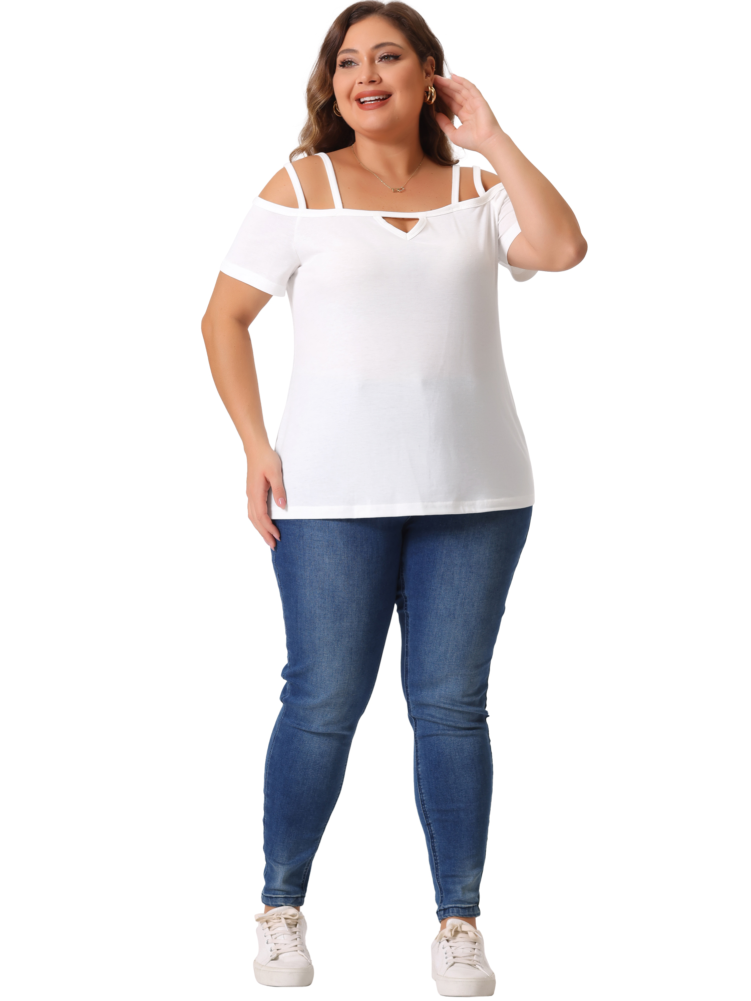 DARING DIVA Women's Plus Short Sleeve Cold Shoulder Tops Blouses Shirt 3X White