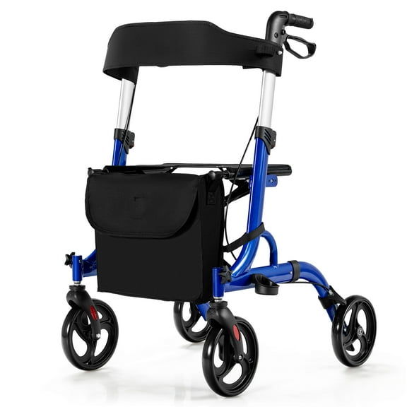 Giantex 2-in-1 Aluminum Rollator Walker w/Seat, Foldable Mobility Walking Aid w/Height Adjustable Handles & Wheels, Blue