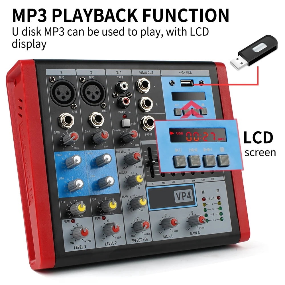 VP-4 Professional 4 Channels Mixer DJ Controller with Bluetooth USB Interface for Stage Studio