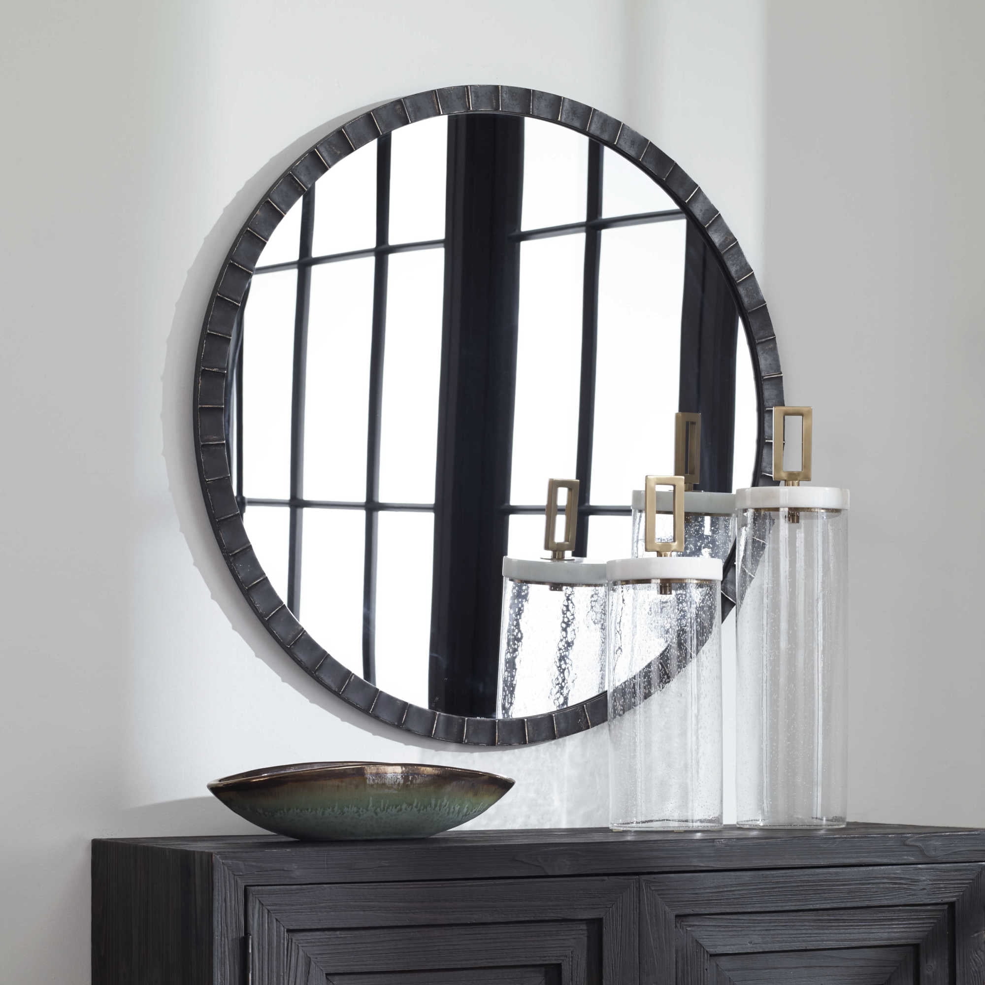 Dandridge 34" Distressed Black and Silver Industrial Round Mirror