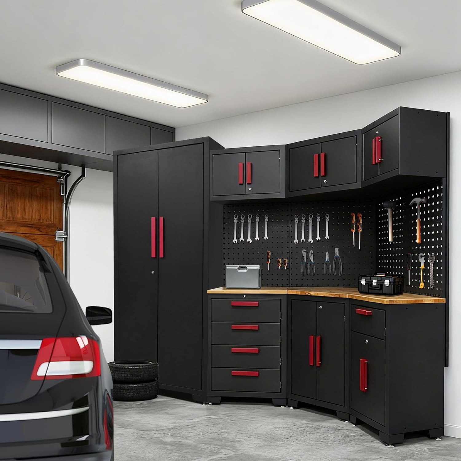 HPDMC 16PCS Corner Garage Storage Cabinet System - Heavy Duty Workshop Set w/Corner Cabinet Includes Workbench, Pegboard & Lockable Drawers | Metal Tool Organization System for Garage/Workshop