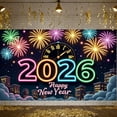 thumbnail image 3 of Colorful Fireworks Happy New Year Banner Neon Light Design 2026 New Year Display Vintage Clock City Countdown Background for New Year Party New Year Eve Celebration Holiday Gathering, 3 of 9
