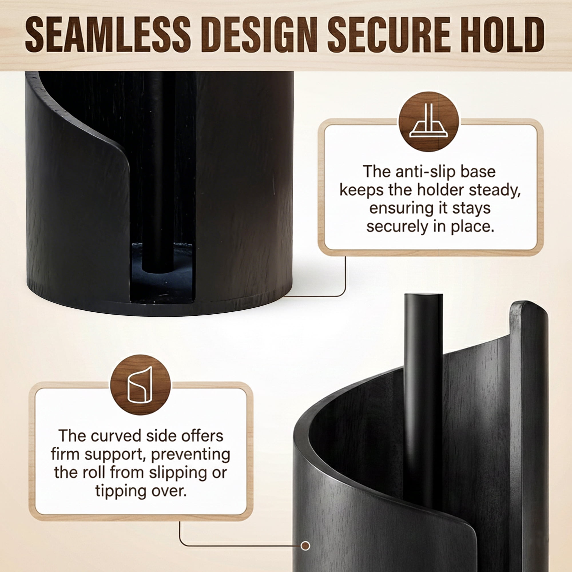 Standing Pine Wood Paper Towel Holder, 11.5" Countertop Dispenser Fits Jumbo Rolls, Modern Semi-Enclosed Design for One-Handed Tear, Brown/Natural/Black