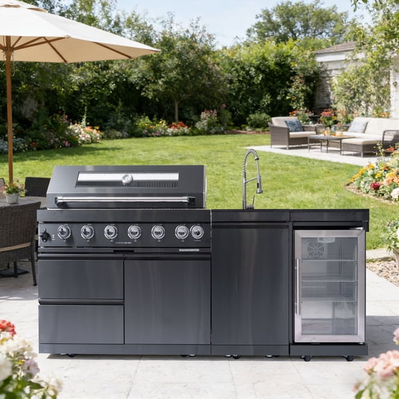 Daheat 43-Inch 6-Burner 85000 BTU Black Stainless Steel Gas Modular Outdoor Kitchen Grill Island with Wine Cooler, Refrigerator, Rotisserie, Granite Countertop & Storage Cabinets