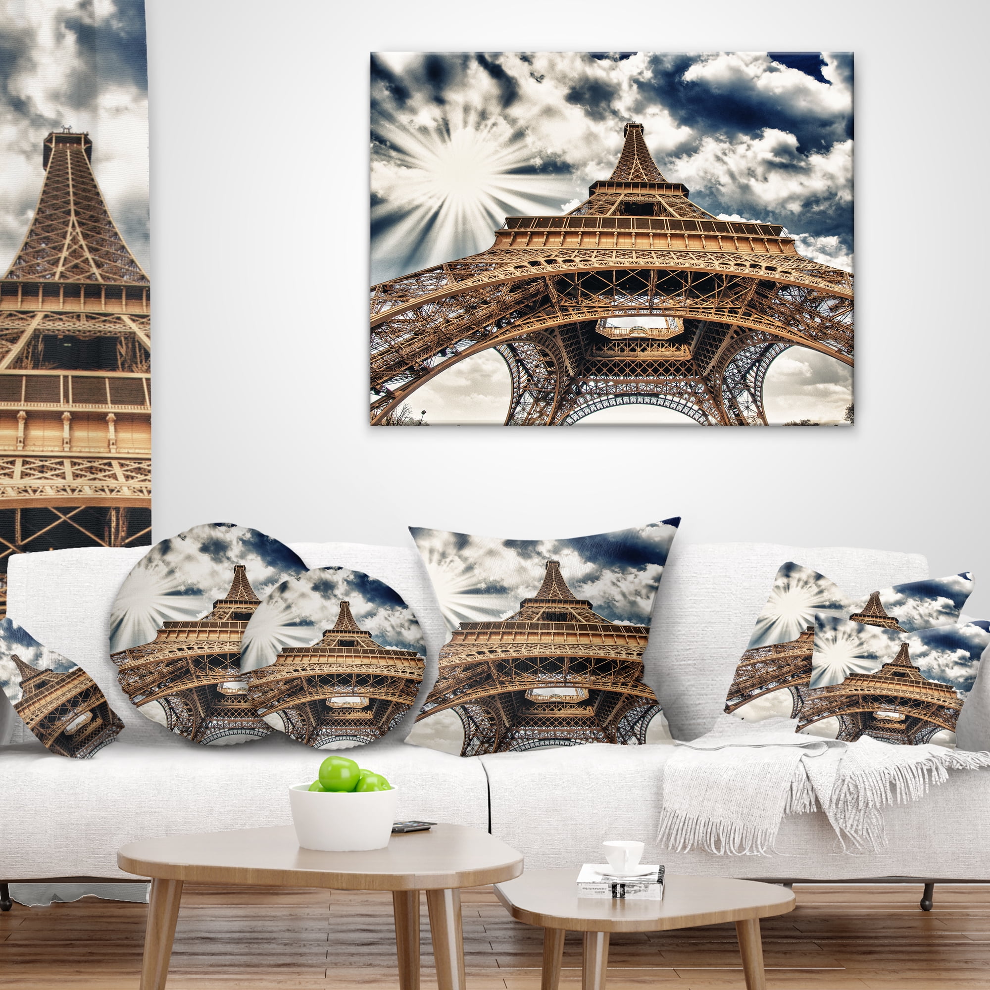 Designart Fisheye View of Paris Eiffel Tower - Cityscape Digital Throw Pillow - 12x20