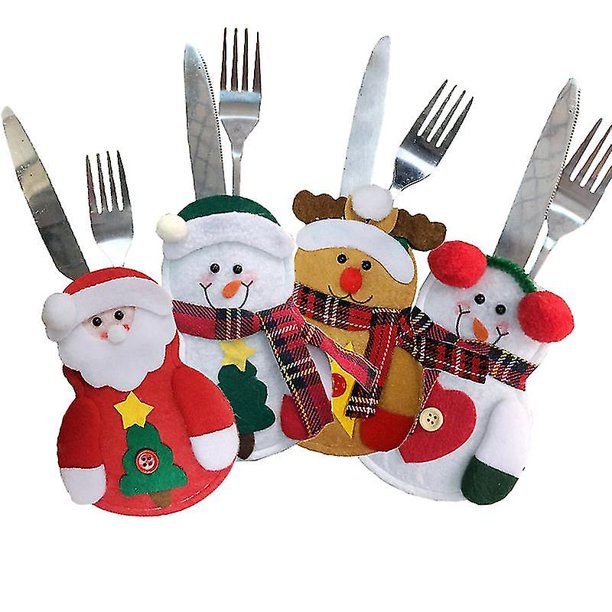Juego de 4 soportes para vajilla navideña, bonitos muñecos de nieve, cuchillos, tenedores, bolsas, fundas para Navidad y Año Nuevo