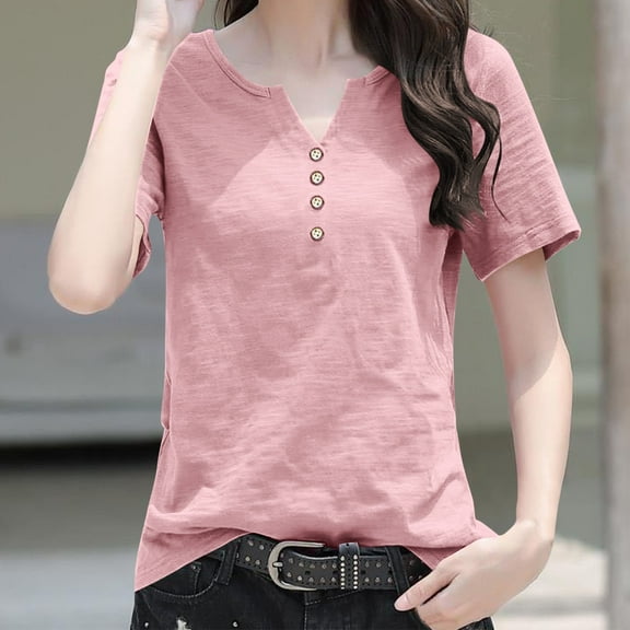 YHAJDS Womens T Shirts Casual Relaxed Solid Color V Neck Pullover Short Sleeve Tee Tops for Women