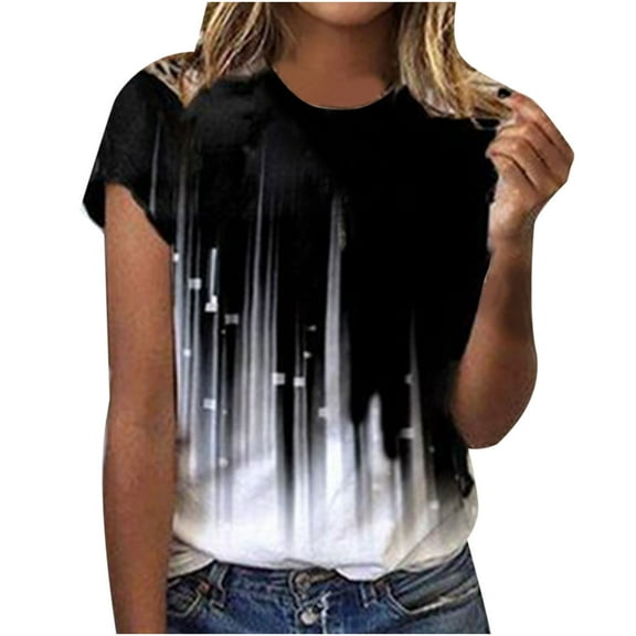 Patlollav Clothes,Women's Vintage Color Block Print Splicing Short Sleeve 0-Neck T-Shirt Tops