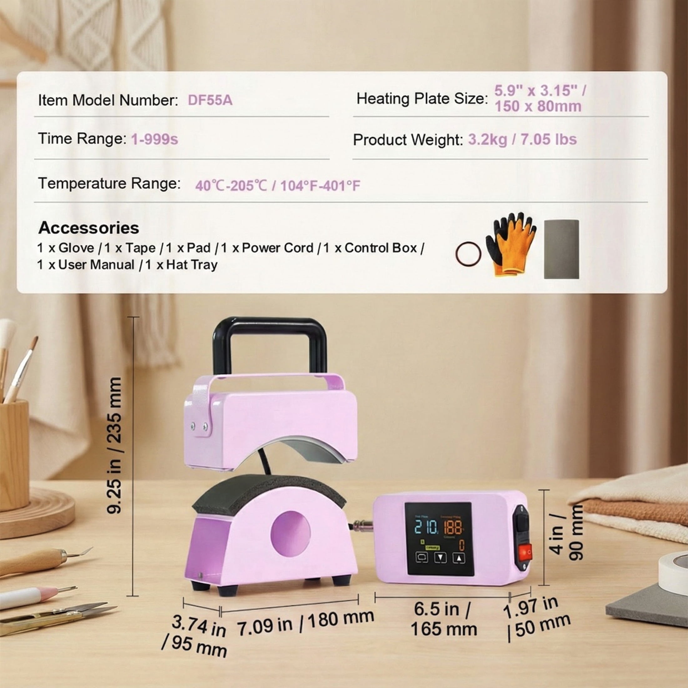 Mini Cap Heat Press, 5.9 x 3.15 Inch Curved Plate, Digital Control, 104‑401°F, Auto Shut‑Off, with Safety Base & Glove (Purple)