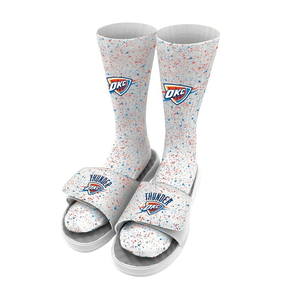 Men's ISlide White Oklahoma City Thunder Team Logo Speckle Socks & Slide Sandals Bundle