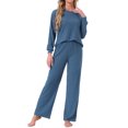 thumbnail image 1 of INSPIRAR CHIC Conjuntos de Pijamas de Punto Acanalado para Mujeres de 2 Piezas, Parte Superior de Manga Larga y Pantalones, Ropa de Dormir Pjs, Ropa de Estar en Casa, 2XL Azul Oscuro, 1 of 5