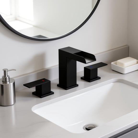 Modern 8 in. Widespread Bathroom Faucet, Matte Black Waterfall Spout, 2-Handle Control, Complete Set with Pop-Up Drain