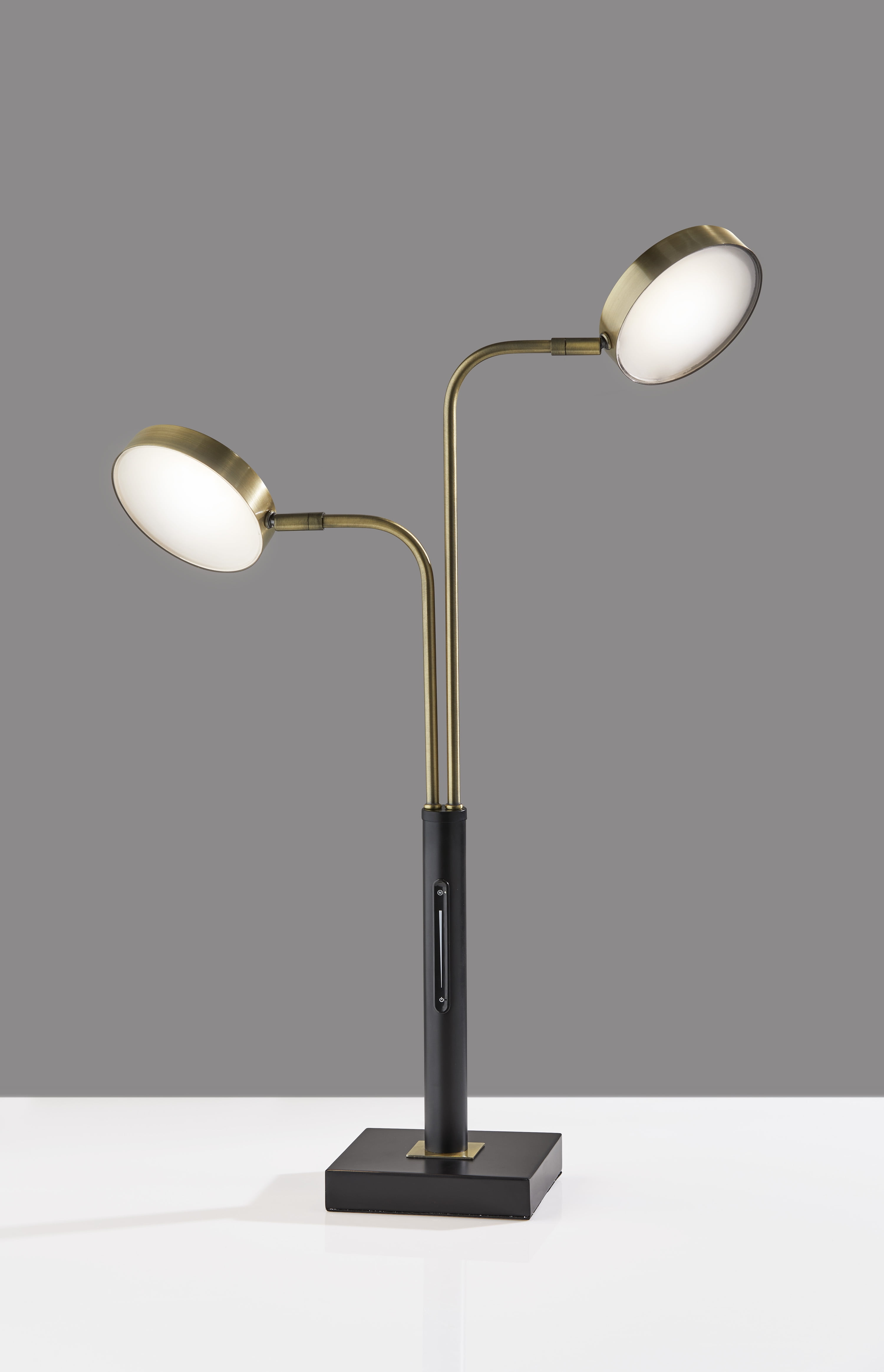 Adesso® Rowan LED 2-Arm Desk Lamp, 25-1/4"H, Antique Brass Shade/Black Base