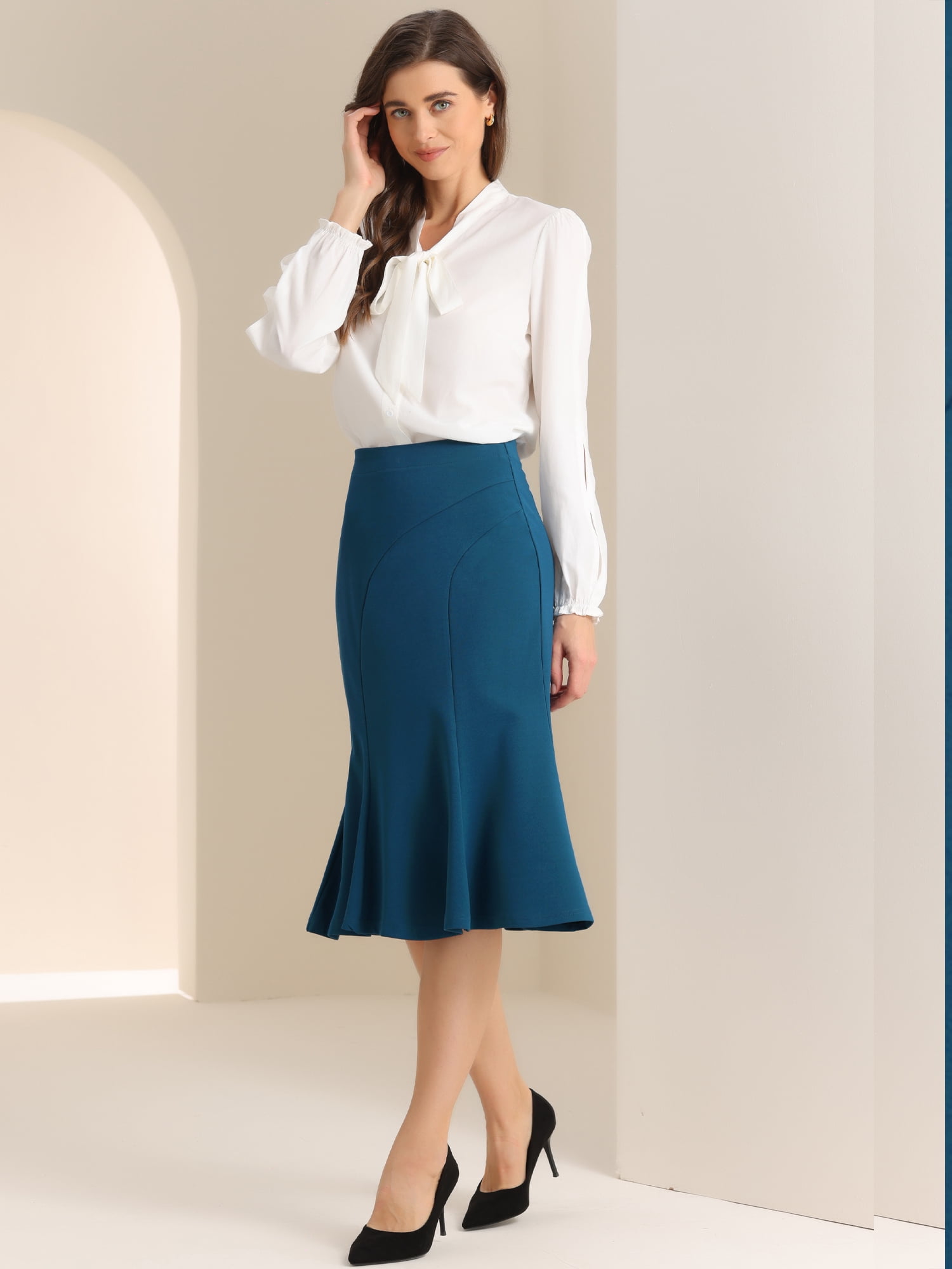 DARING DIVA Women's Flare Hem Elegant Fishtail Skirt XS Peacock Blue