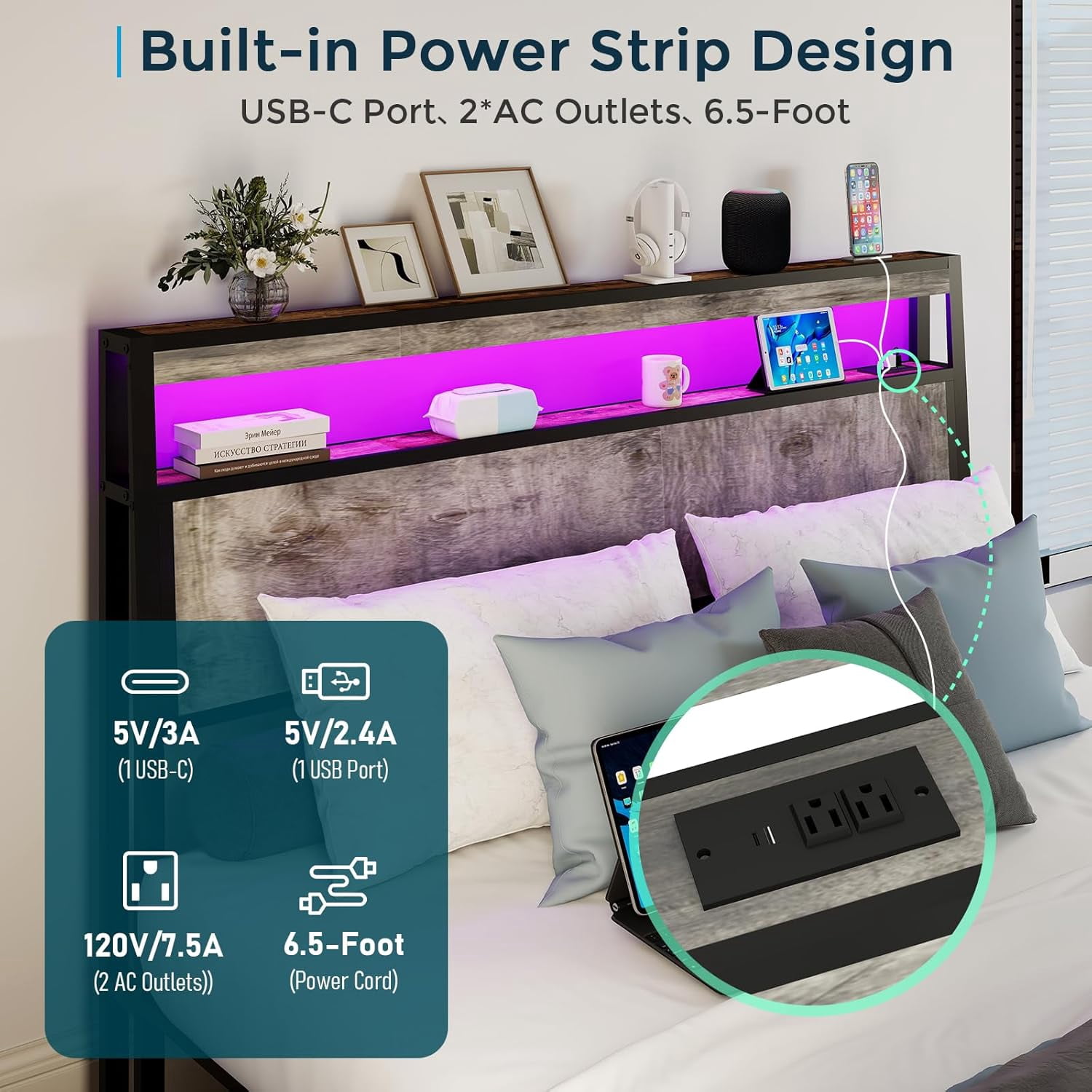 DRNANLIT King Size LED Bed Frame with Storage Headboard and 4 Drawers Charging Station,Gray