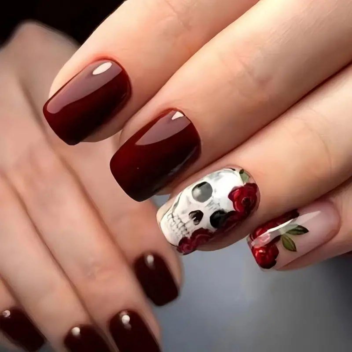 CuteHelper Burgundy Skull Rose Press-On Nails - 24PCS Medium Square, Glossy Floral Art, Non-Toxic & Reusable