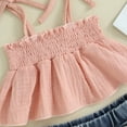 thumbnail image 5 of Okbabeha Kids Girls Summer Outfits Ruffle Suspender Crop Tops Pleated Camisole+Ripped Jeans Shorts Two Piece Clothes Set, 5 of 7