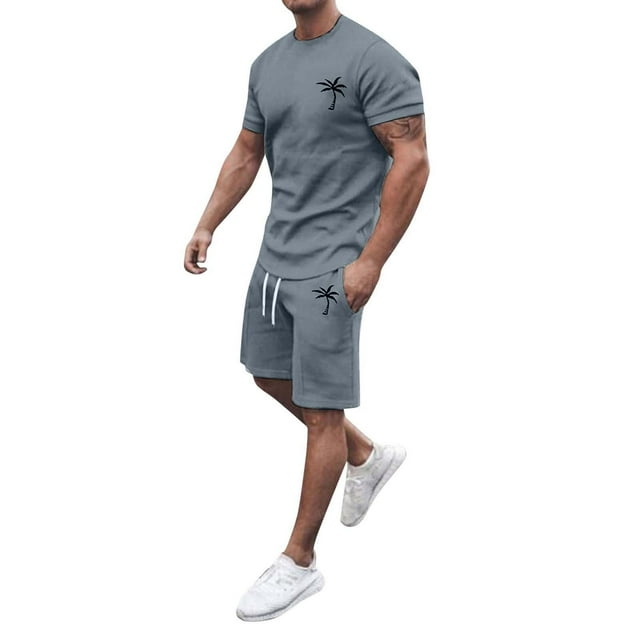 2024 Mens Summer Athletic Tracksuit Set Casual Color Block Short Sleeve Crew Neck Drawstring Waist Jogger Outfit