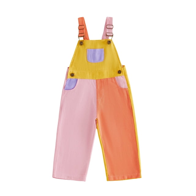 Peto vaquero infantil de color contrastante, sin mangas, con cuello cuadrado y largo completo, con tirantes ajustables.