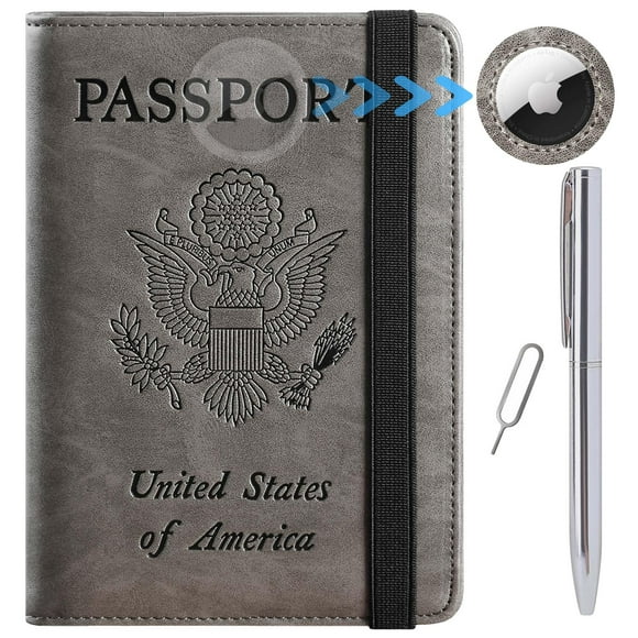 Funda Airtag para pasaporte, cartera, elementos esenciales de viaje, funda de piel con bloqueo RFID para tarjetas, accesorios de viaje imprescindibles para mujeres y hombres (119 #Grey)