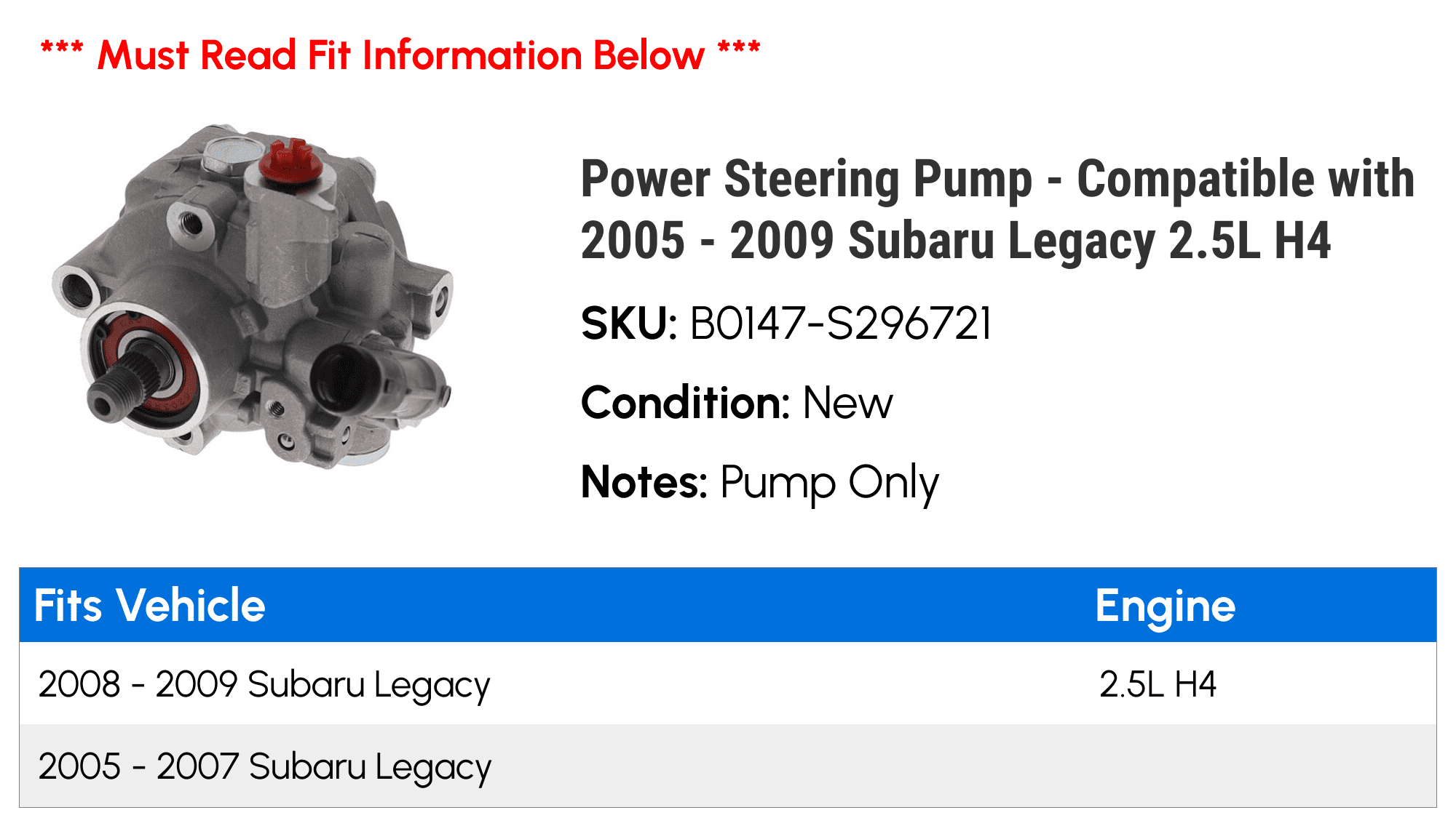 Power Steering Pump - Compatible with 2005 - 2009 Subaru Legacy 2.5L H4 2006 2007 2008
