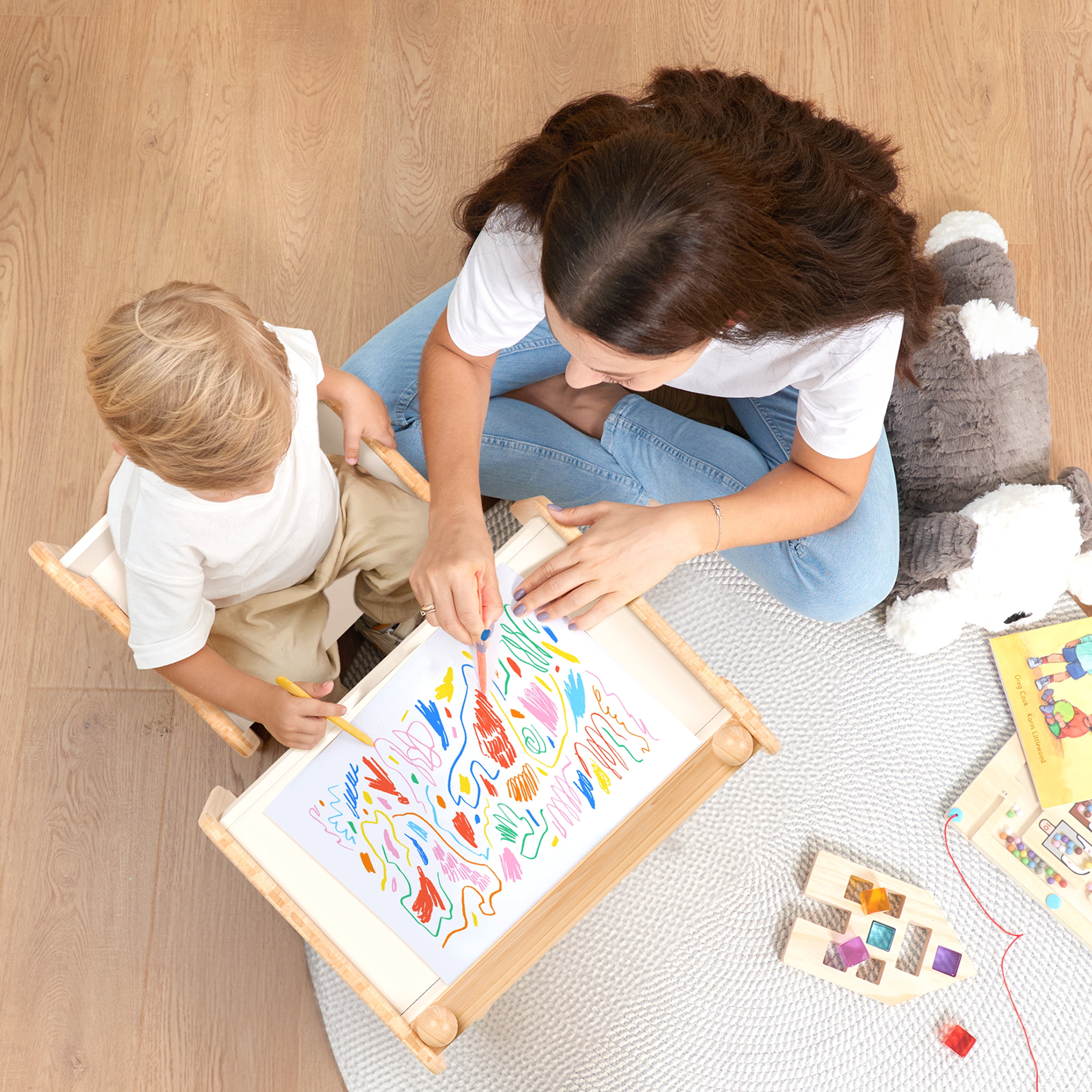 Woodtoe Kids Table and Chair Set with Storage & Chalkboard, Height Adjustable Toddler Chair, Montessori Art Table and Chair Set, Natural Wooden Activity Table, Drawing Dinner Desk for Baby Toddler 1+