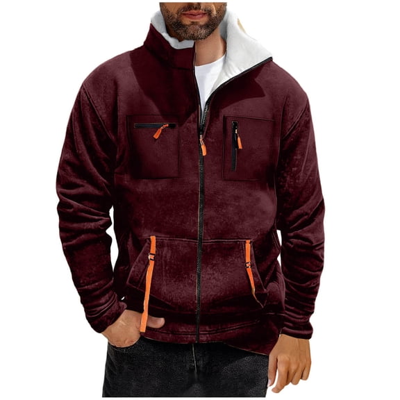 ZCFZJW Tactical Sweatshirts for Men Winter Plush Thick Warm Sherpa Fleece Lined Long Sleeve Full Zip up Stand Collar Pullover Tops Big and Tall Regular Fit Cargo Jackets with Multi-Pockets Wine S