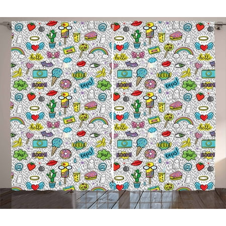 Emoji Curtains 2 Panels Set, Pop Art Hand Drawn Cartoon Style Eye Ice Cream Rainbow Donut Lip Heart Banana Ghost, Window Drapes for Living Room Bedroom, 108W X 90L Inches, Multicolor, by