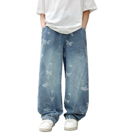 Tiijoy Boys Wide Leg Jeans Butterfly Jacquard Elastic Waist Denim Pants Sizes 7-8