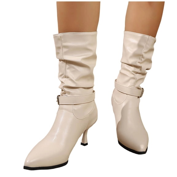 Vibrex Women's Fashion Low Heel Slouchy Mid-Calf Boots Shoes Comfortable Casual Boots Women's Solid Color Pointed Toe Pull On Buckle Boots Leather