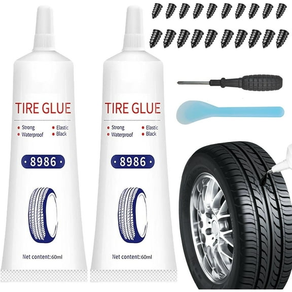 Tire Repair Kit with Glue, 120ml Super Sticky Adhesive with Rubber Nail for Car and Motorcycle Tires