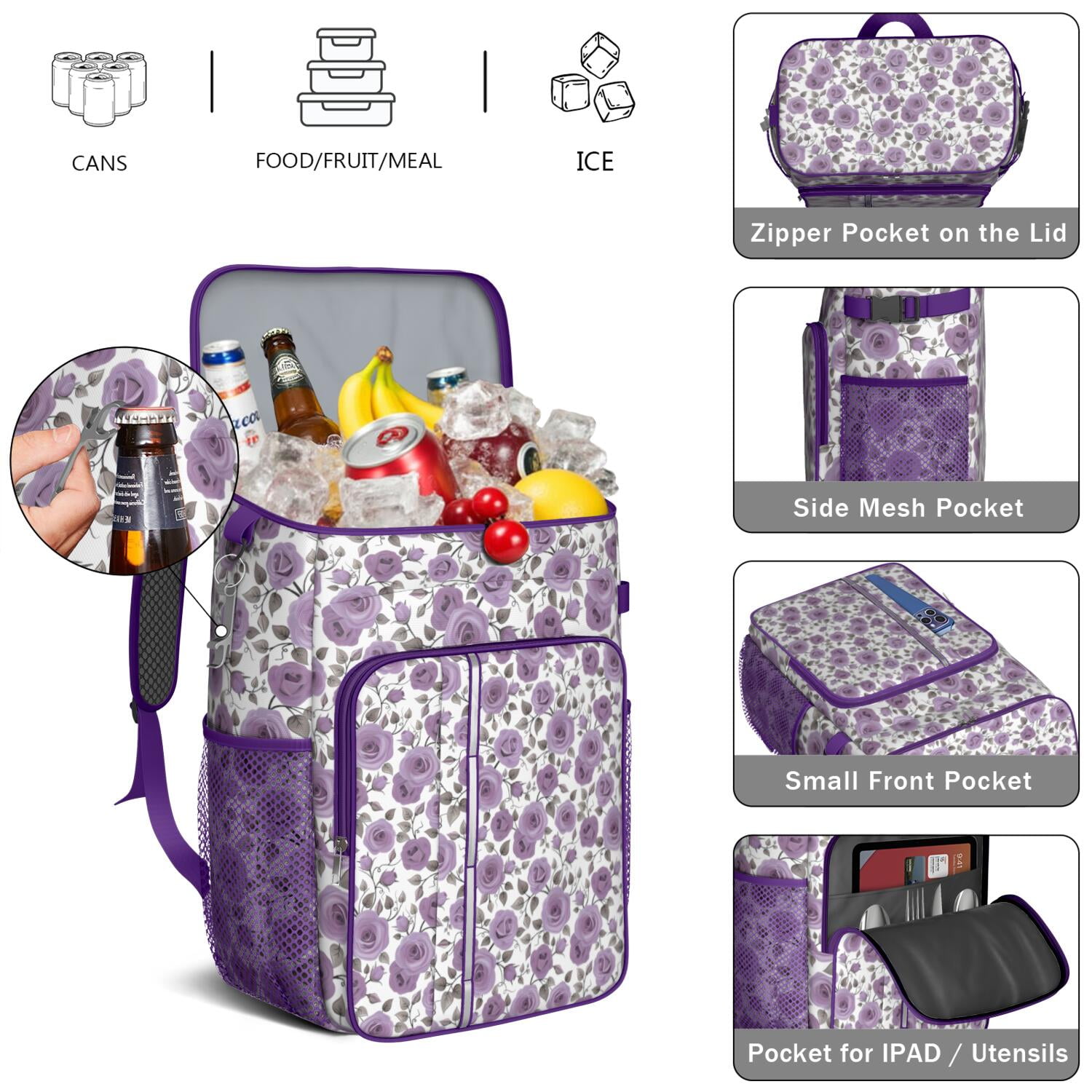 Travel Cooler Bag - Pioneer Flower Floral Print Pattern Camping Beer Cooler Backpack with Bottle Opener- Waterproof Insulated Picnic Backpacks - Cooler Bag for Beach