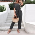 thumbnail image 5 of Womens Casual Off Shoulder Jumpsuits Short Sleeve Tie Waisted Straight Leg Long Pants Outfits Onesie Rompers Playsuits, 5 of 7
