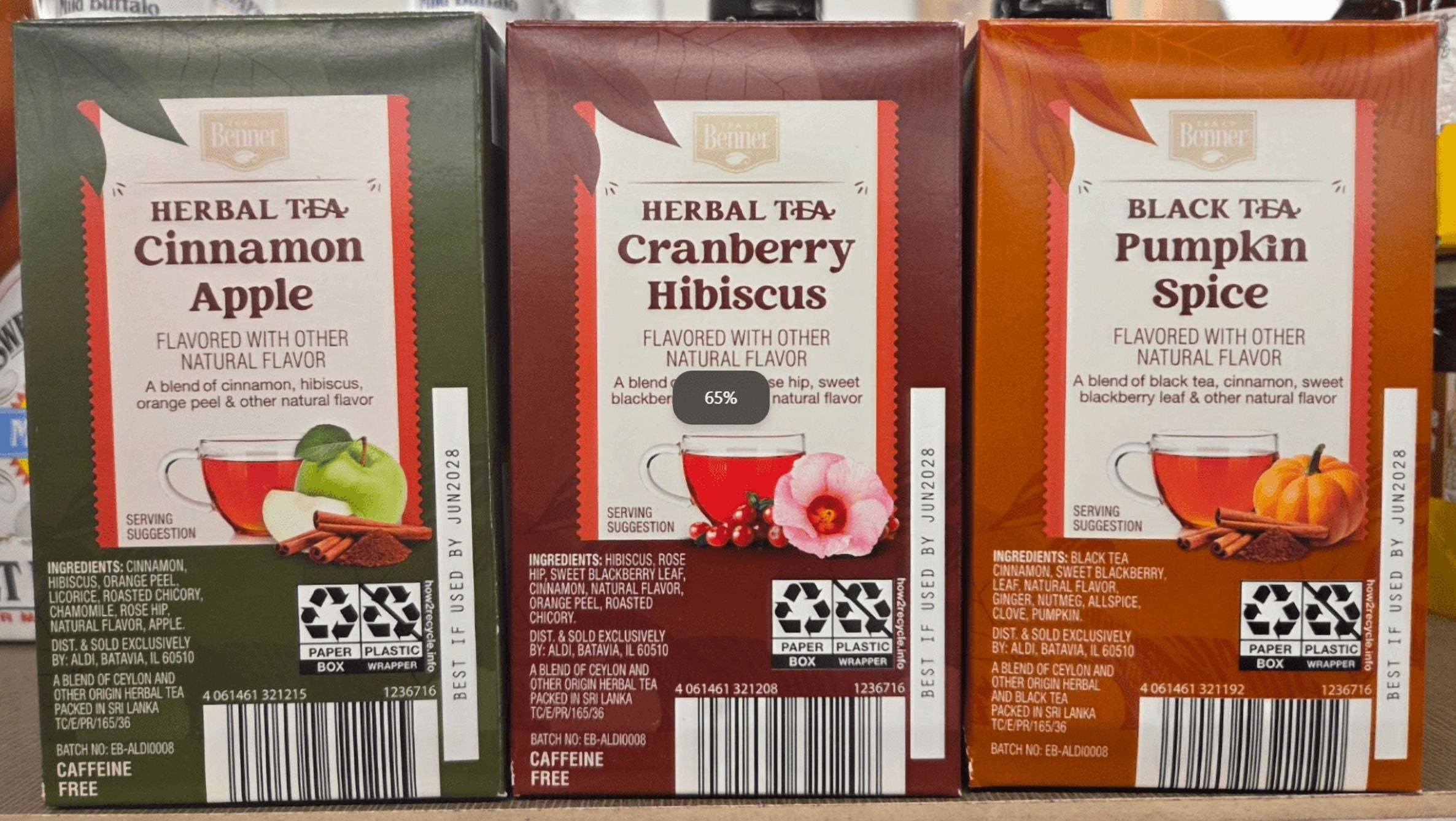 Benner Herbal/Black Tea Cranberry Hibiscus, Cinnamon Apple, Pumpkin Spice 20 Tea Bags 1.76oz 49g (3 Boxes)
