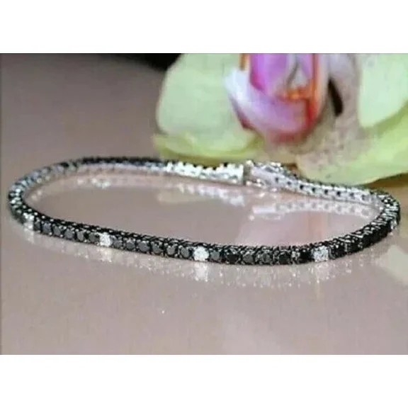 3MM 8.00 Ct Round Cut Simulated Black Diamond Womens Wedding Tennis Bracelet 14K White Gold Plated 925 Sterling Silver 7"
